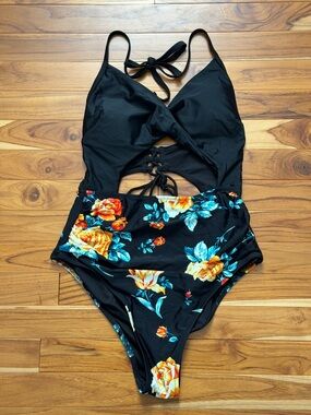 Cupshe Black One-Piece Swimsuit with Yellow & Teal Floral Print